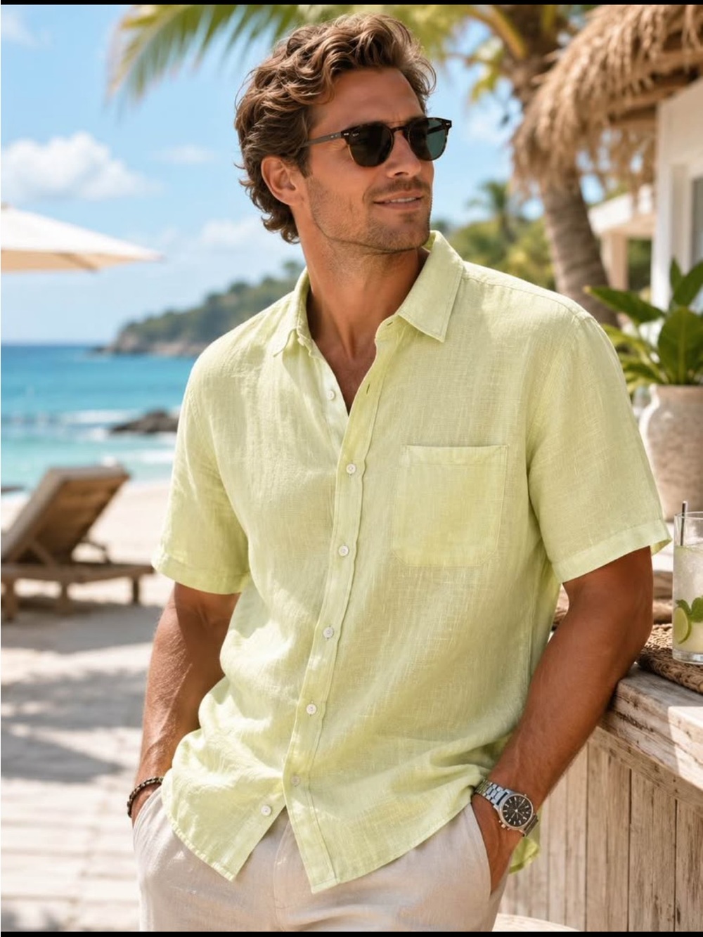 Cutter & Buck Short-Sleeve Linen Button-Down Shirt in Light Lime